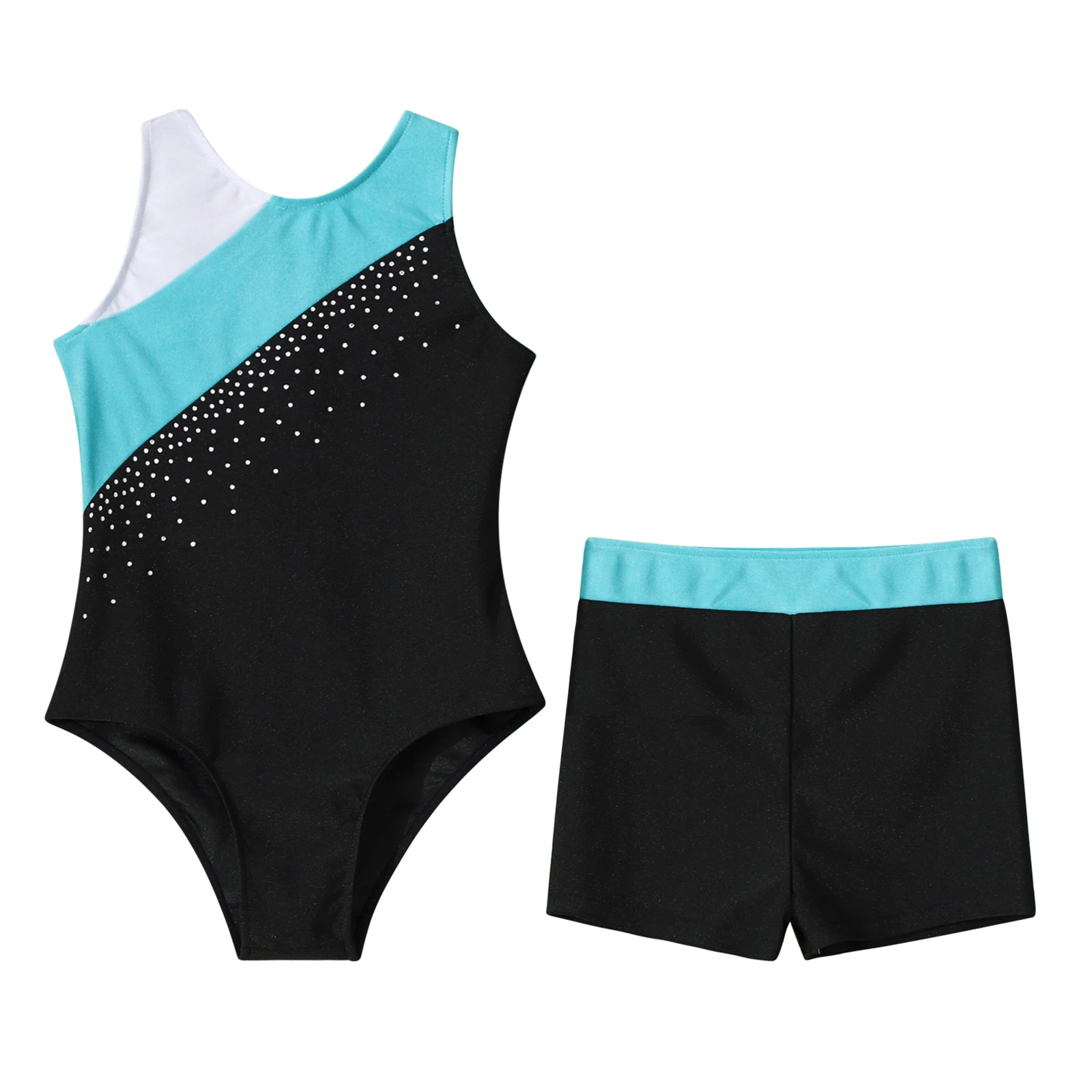 

Kids Girls Ballet Dance Clothes Set Sleeveless Shiny Rhinestone Contrast Color Leotards+Shorts for Skating Gymnastics Workout