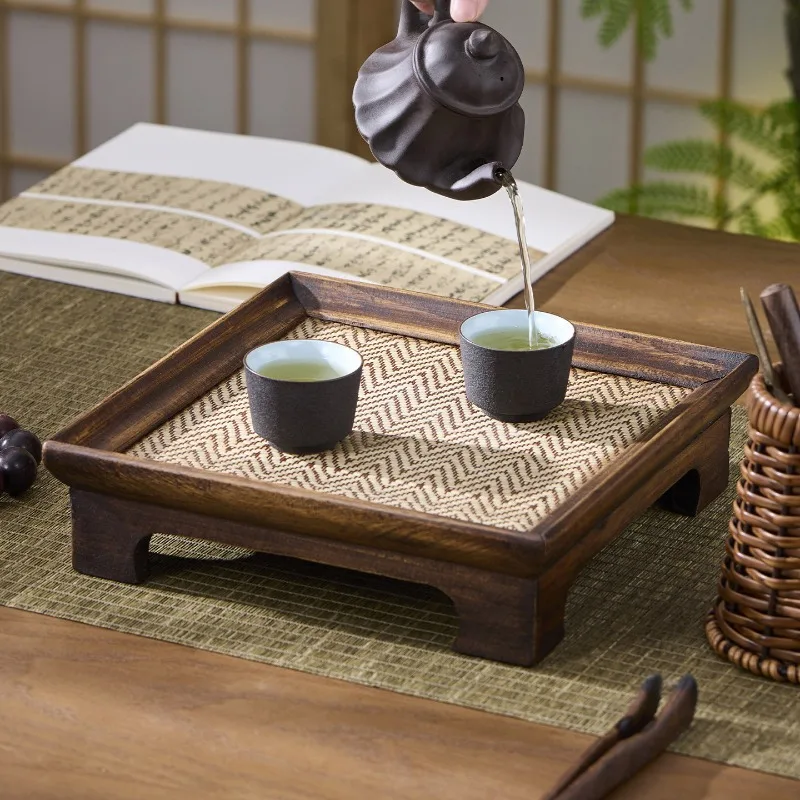 Japanese Minimalist Solid Wood Small Tea Tray Dry Brewing Rectangular Retro Tea Serving Plate for Home Tea Ceremony Office