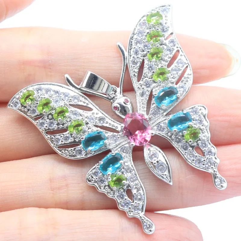 

46x45mm SheCrown Eye Catching Big Butterfly Size Blood Ruby Tanzanite Aquamarine Peridot Tourmaline CZ Silver Pendant