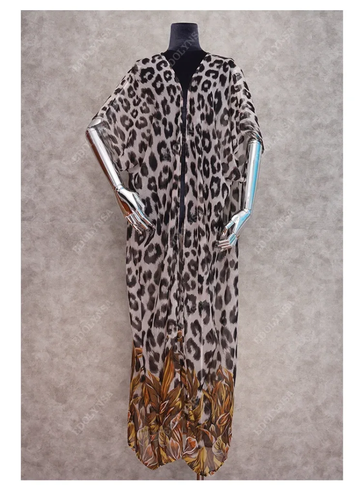 2024 sexy leopardo bikini cover-ups boêmio impresso longo quimono cardigan chiffon túnica feminina beach wear maiô cobrir q951