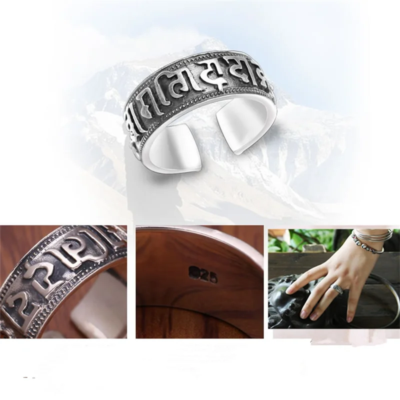 Trendy 925 Sterling Silver Ring For Women Men Jewelry Vintage Sanskrit Buddhist Scriptures Ring Female Male Finger Accessories view 6