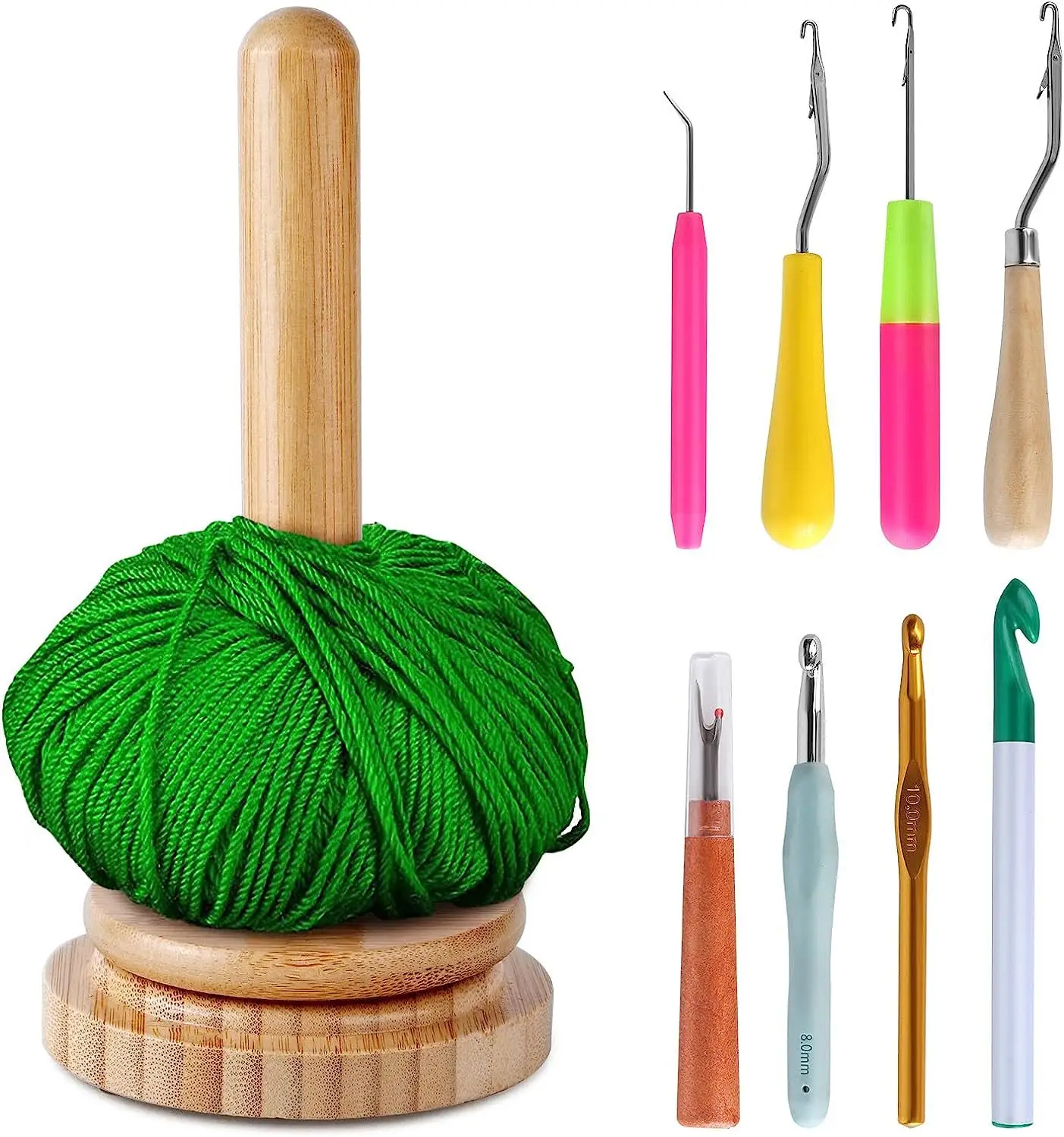 Bamboo & Wood Yarn Stand - Tabletop Rotary Yarn Spool Storage Stand with Wooden Ball Winder for Home Braiding