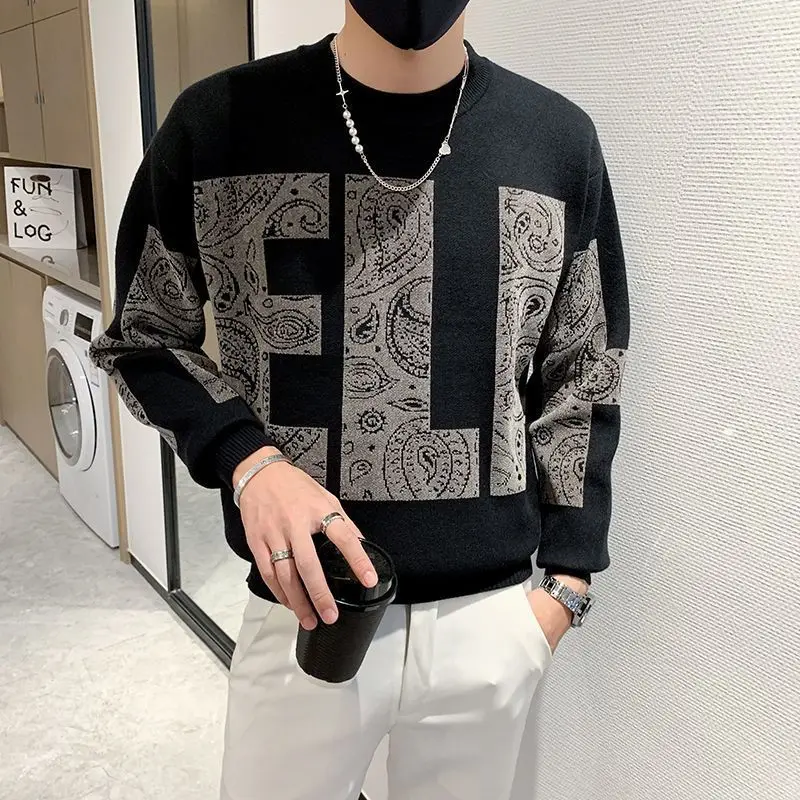 

2024 Autumn Winter New Sweater Men's Letter Fashion Thickened Korean Slim Sweater Knitting