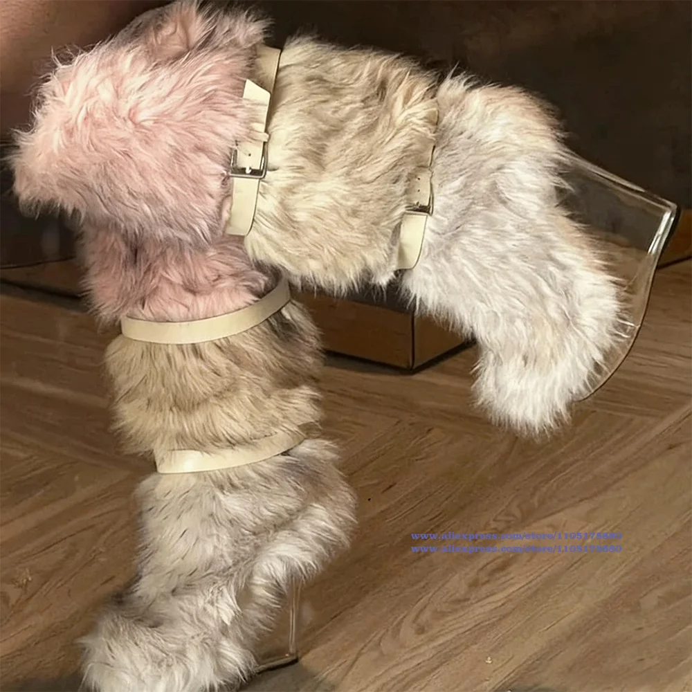

Furry Pvc Wedges Knee High Boots Buckle Strap Women's Boots Round Toe Party Catwalk Shoes Luxury Designer Boots Botas Mujer