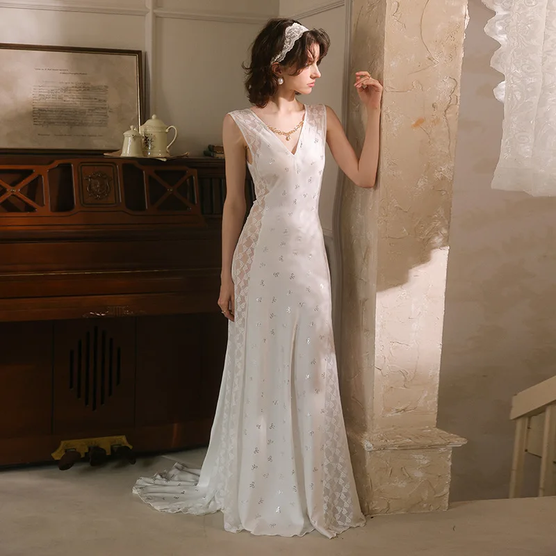 Light Luxury Satin Sexy Lace Trailing Nightdress Deep V Backless Sleeveless Long Dress Retro Elegant Slim Loungewear