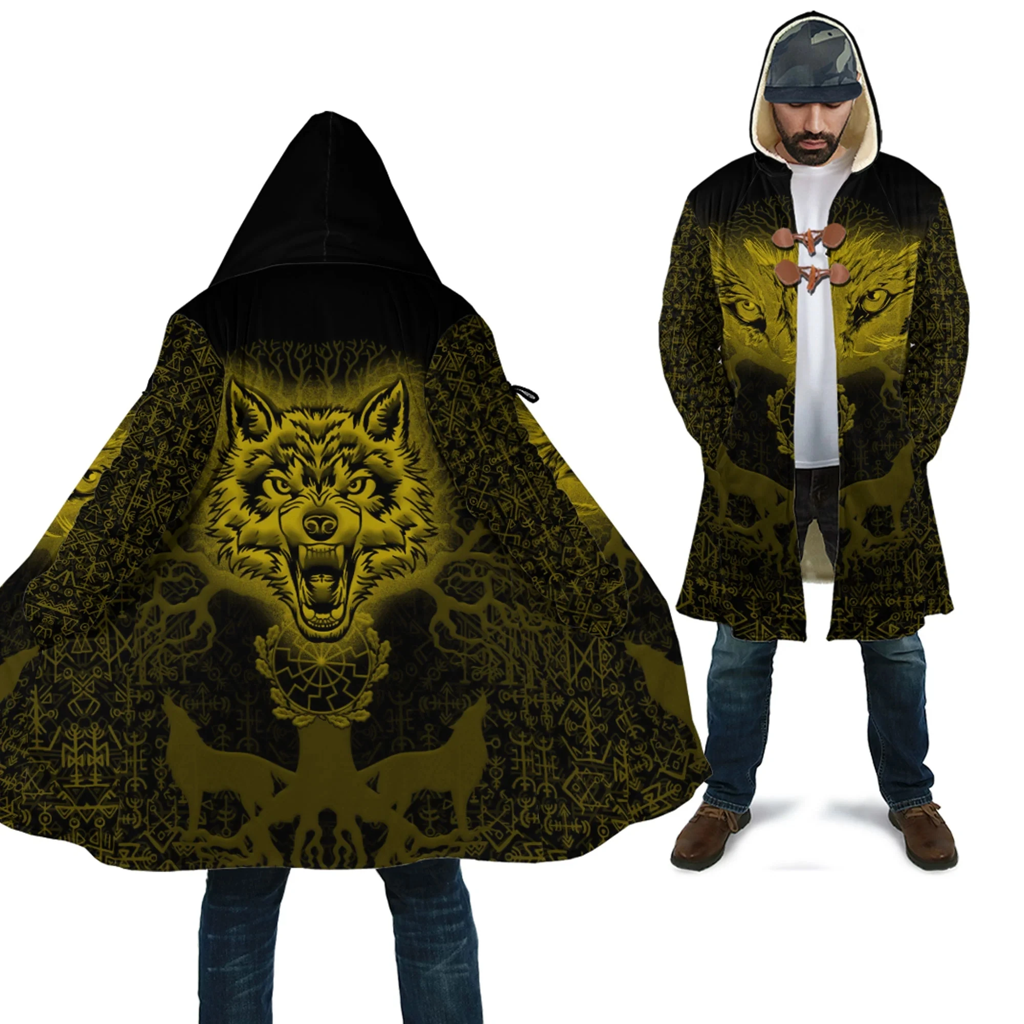 Tree And Wolf Turquoise Tattoo 3D All Over Printed Men's Fleece Hooded Cloak Winter Unisex Casual Thick Warm Cloak Coats PF105