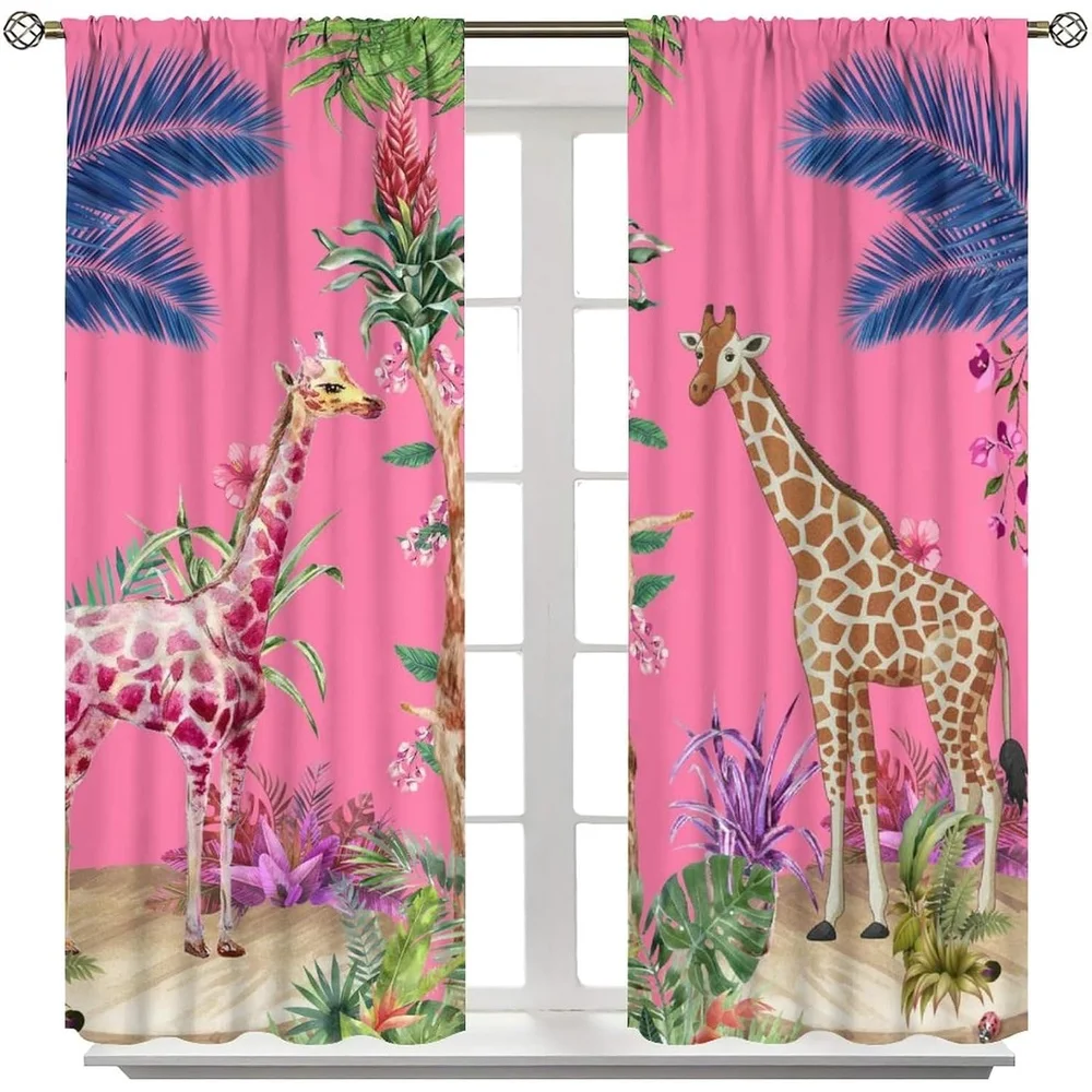 2 Panels African Jungle Safari Curtains with Giraffe & Tropical Palm Tree Design - Thermal Insulated Blackout Window Curtains, P