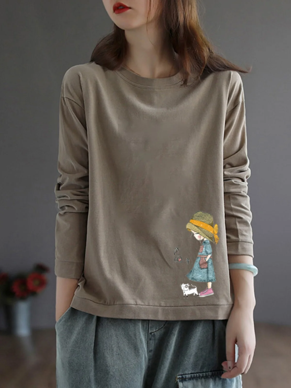 Pure Cotton Long Sleeve Base Shirt Women's T-shirt Loose Anti-aging Artistic Large Size Top Female Autumn Fashionable round N...