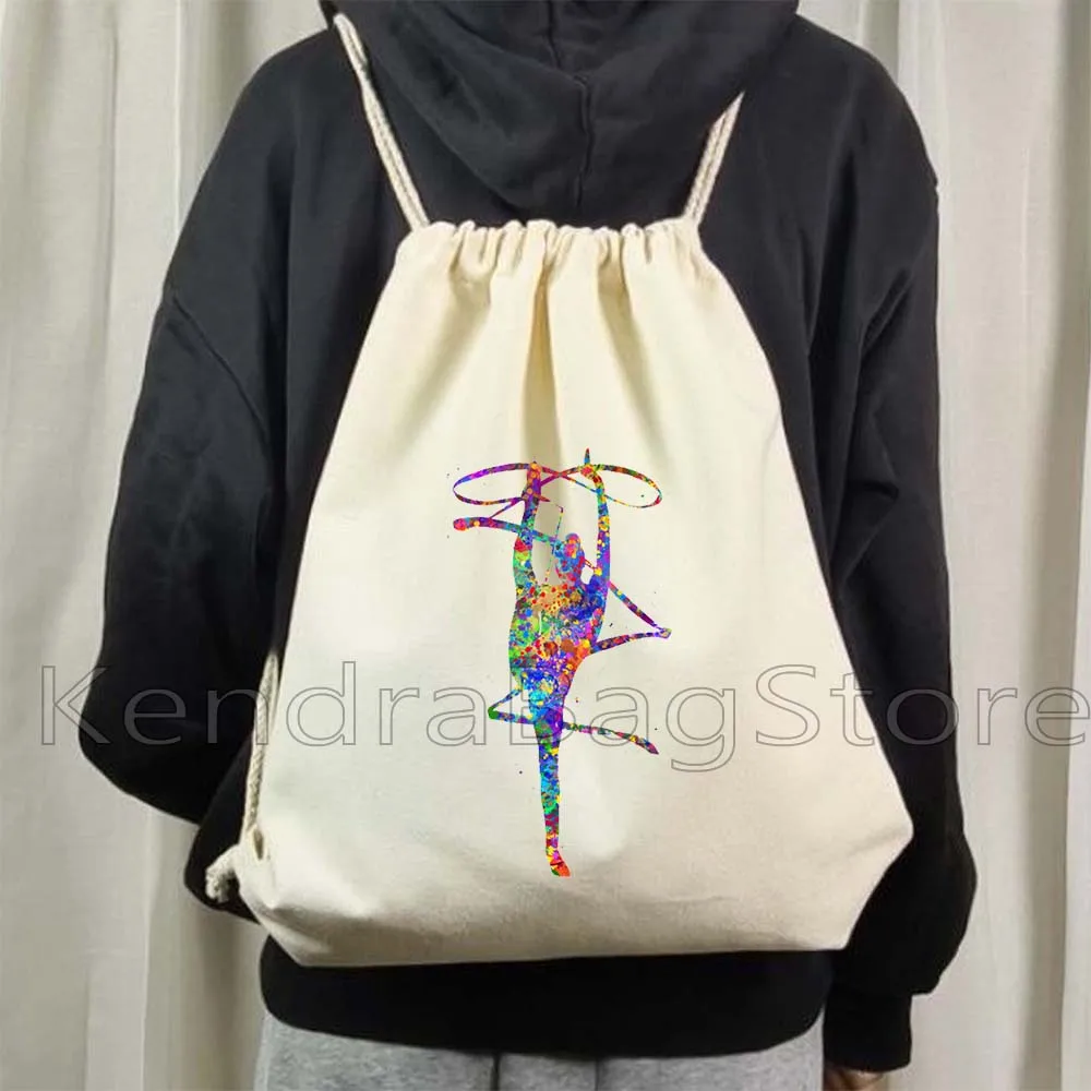 Colorful Dance Rhythmic Gymnastics Canvas Drawstring Bag Soccer Backpack Ribbon Rope Ball Watercolor Art Gym Sackpack String Bag