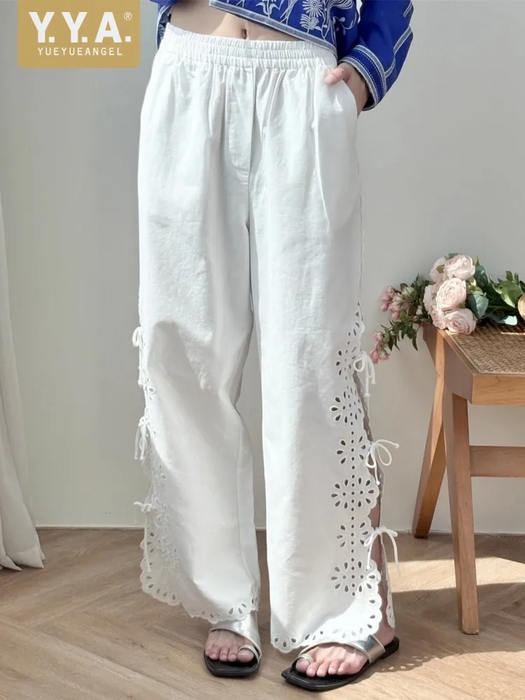 

Designer Casual Women Pants Loose Fit Laced Up Hollow Out Embroidery Elasitc High Waist Hawaii Solid Comfortable Wide Leg Pants