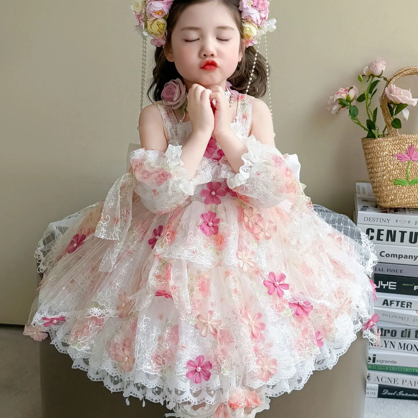 

Baby Toddle Girls Summer Pink Sweet Cute Lolita Lace Floral Princess Ball Gown Dress Skirts Birthday Party Childrens Clothes