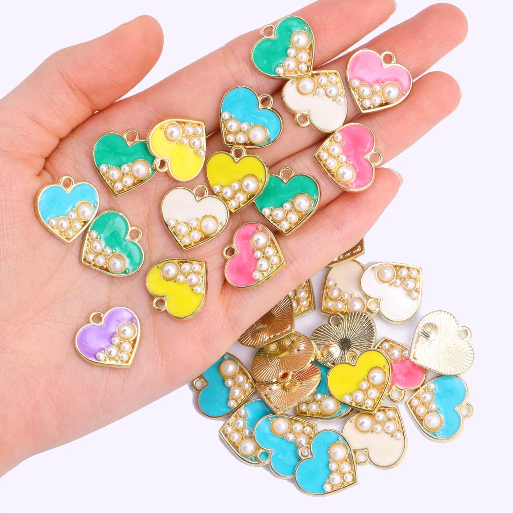 10Pcs Lovely Enamel Color Heart Charms for DIY Pearl Love Heart Pendants Necklace Drop Earrings Handmade Jewelry Making Supplies