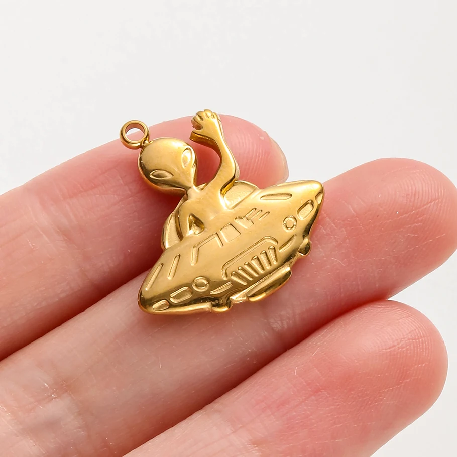 6 Stück/Set Echtvergoldete Weltraum-Alien-Anhänger Astronaut Sonne Mond Stern Charm Edelstahl-Charms für Schmuckherstellung Zubehör – Detail 3
