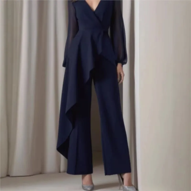 2026 Elegant One-Piece Jumpsuit Navy Blue V-Neck Silk Chiffon Mesh Fabric Long-Sleeved Casual Wide Leg Pants Office Work Clothes view 3