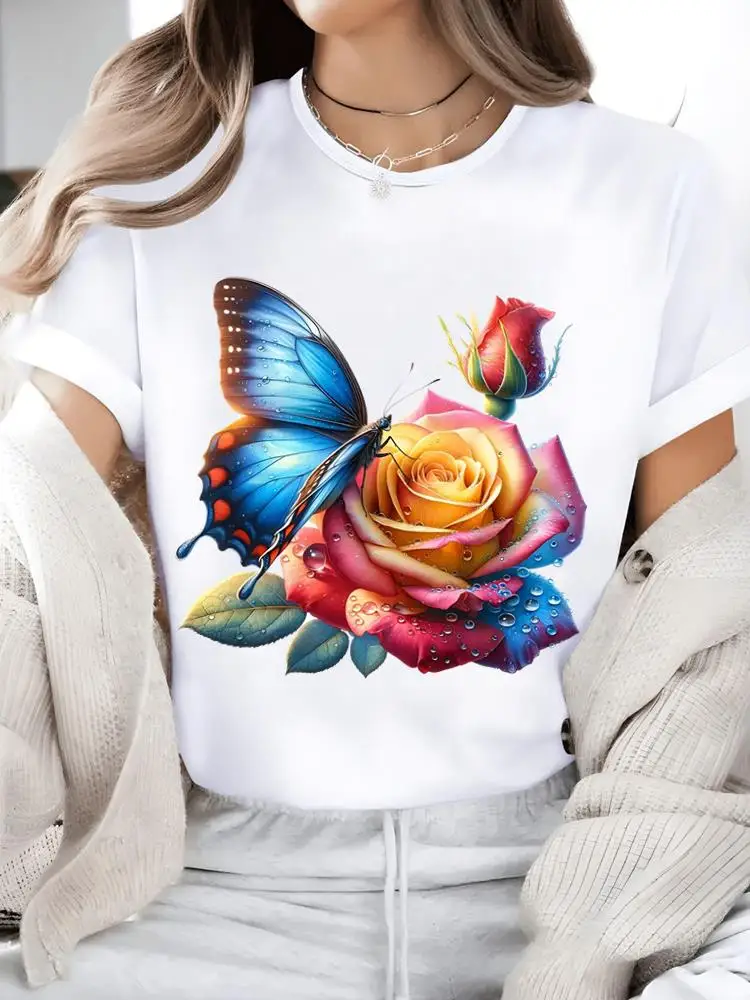 

Sweet Flower Trend Women Casual Ladies Tee Womens Graphic T Clothing Fashion Clothes Print White Short Sleeve O-neck T-shirts