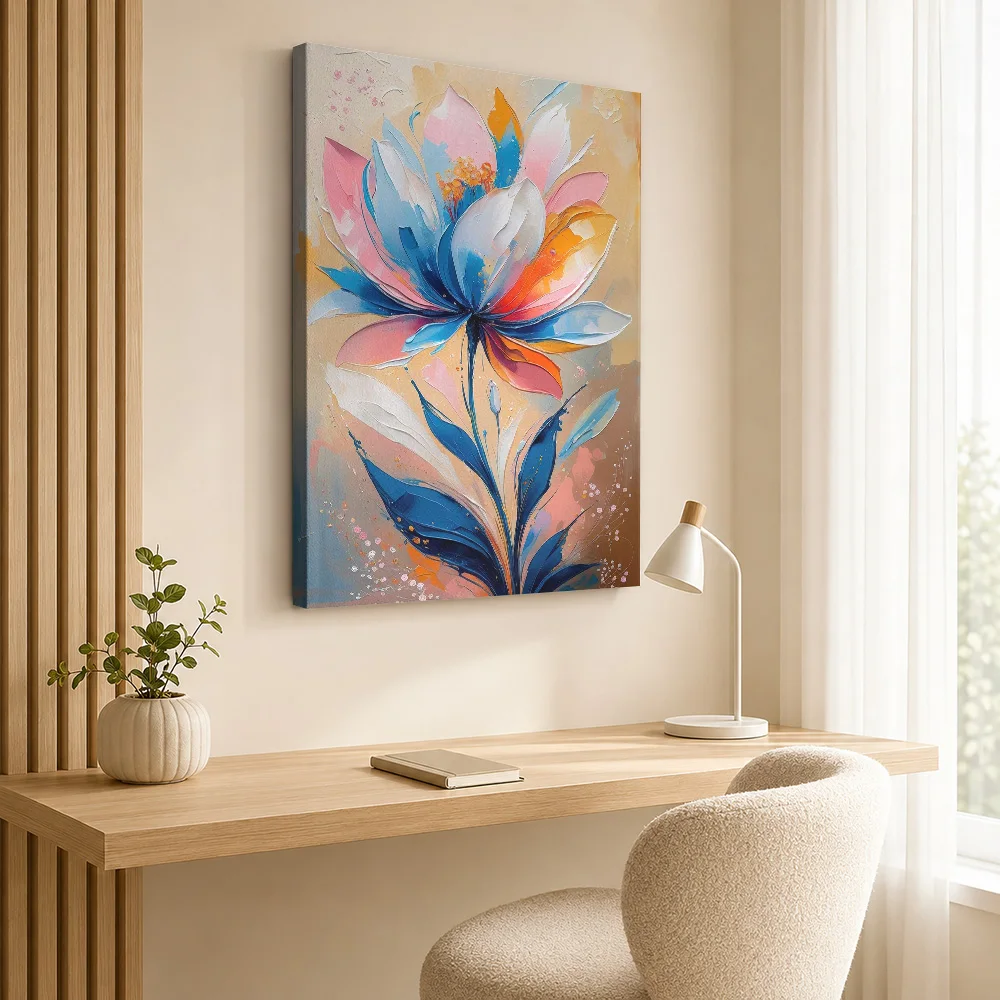 Multicolored Single Blossom Framed Canvas Print Personalized Photo Detailed Painterly Composition Wall Art For Dressing Room