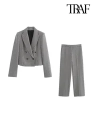 TRAF-Women's Houndstooth Short Blazer Coat and High Waist Wide Leg Pants, Female Two Piece Sets, Chic Fashion