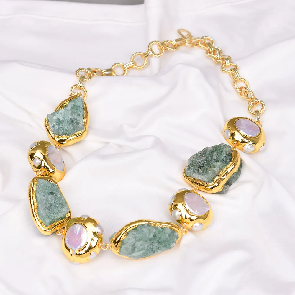 G-G Original Natural Green Strawberry Quartz Gold Edge Plated Cultured White Keshi Pearl Necklace