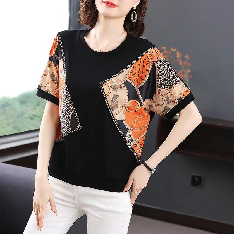 Fashion O-Neck Spliced Printed Diamonds Blouses Women\'s Clothing 2025 Spring Summer New Loose All-match Tops Office Lady Shirts