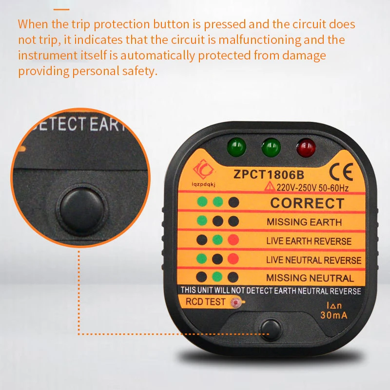 Professional Socket Tester Pro Voltage Test RCD 30mA Socket Detector EU Plug Ground Zero Line Plug Polarity Phase Check Tool