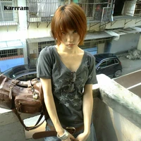 Karrram-Camiseta japonesa Y2k con estampado de letras, camiseta Trashy estilo 2000s con cuello en V, camiseta Vintage Harajuku de manga corta Grunge de los años 90