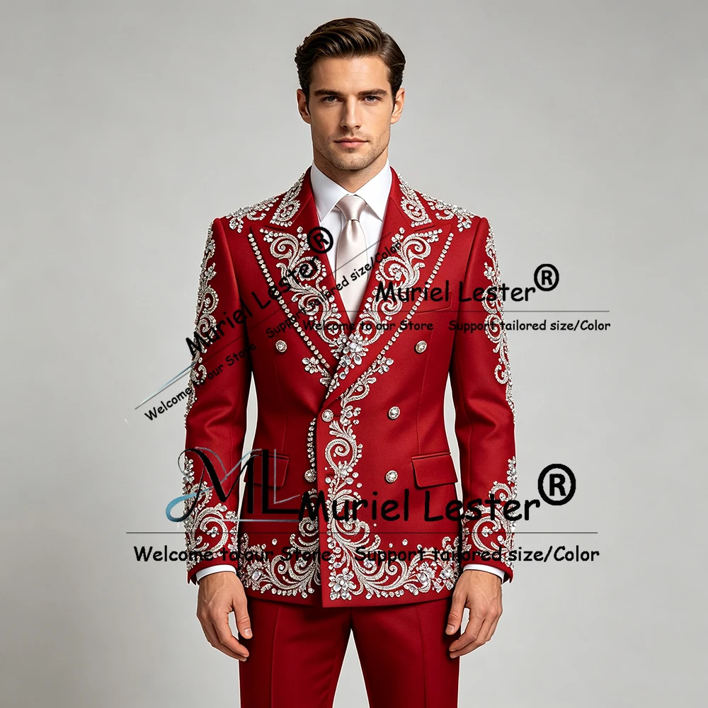 

Luxury Suit Men Sparkly Diamond Beading Prom Blazer Trousers 2 Pieces Sets Bridegroom Dinner Party Tuxedo Attire Groom Outfits