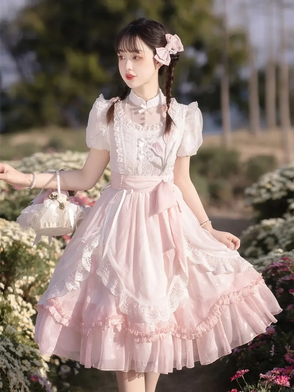 

MAGOGO Pink Kawaii Lolita Dress Women Sweet Tulip Embroidery Puff Short Sleeve Princess Dress Harajuku Chinese Style Hanfu Dress