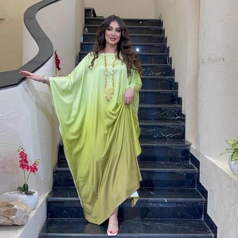 Fashion Modest Satin Batwing Abaya Elegant Large Size Bat Sleeve Dresses Moroccan Kaftan Woman Turkey Islamic Kebaya Dress