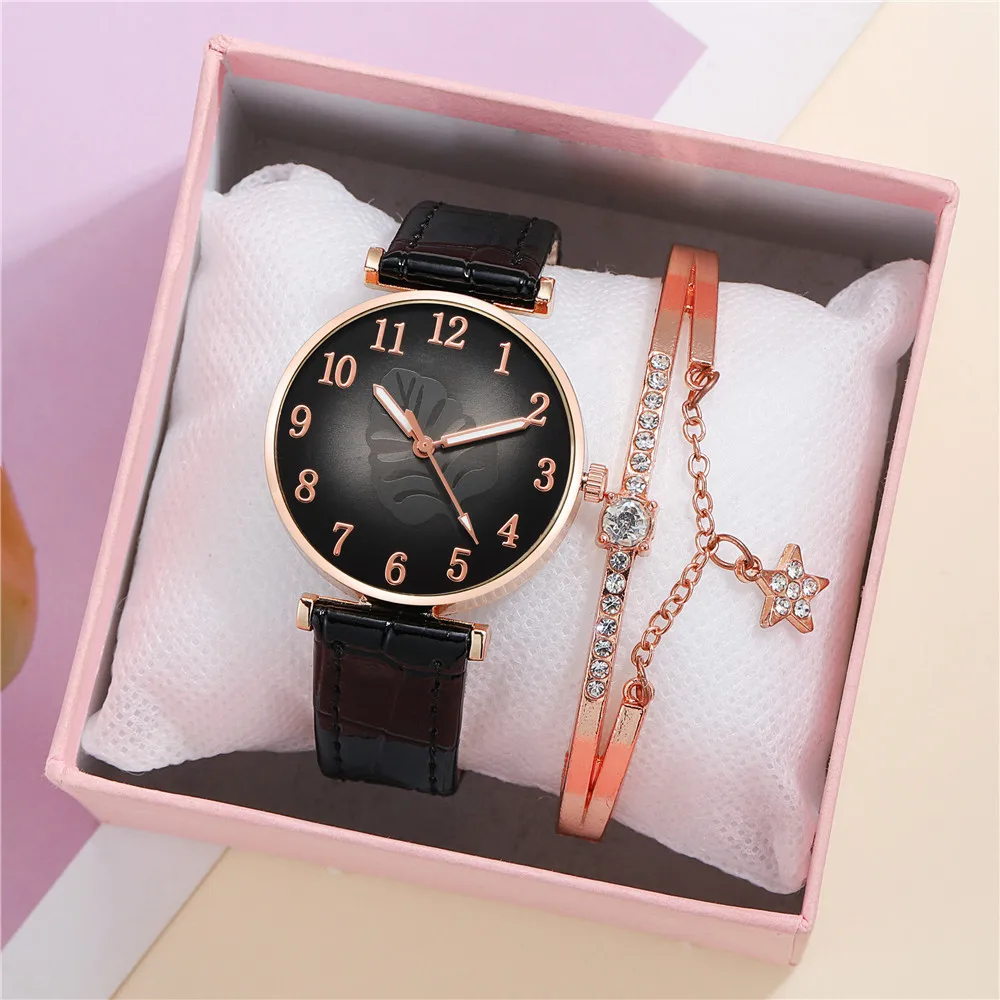 นาฬิกาข้อมือผู้หญิงชุด2ชิ้นผู้หญิงนาฬิกาควอตซ์ผู้หญิงหนังสร้อยข้อมือนาฬิกาหรูหราลำลองสำหรับแฟน