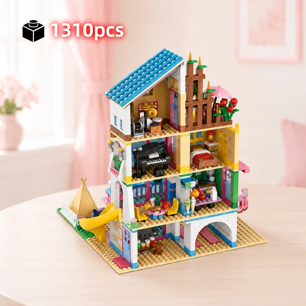 

Beach House Toy Bricks Apartment, 1310Pcs Colorful Heart Villa Princess Castle Street View, DIY Girls Children Day Gift