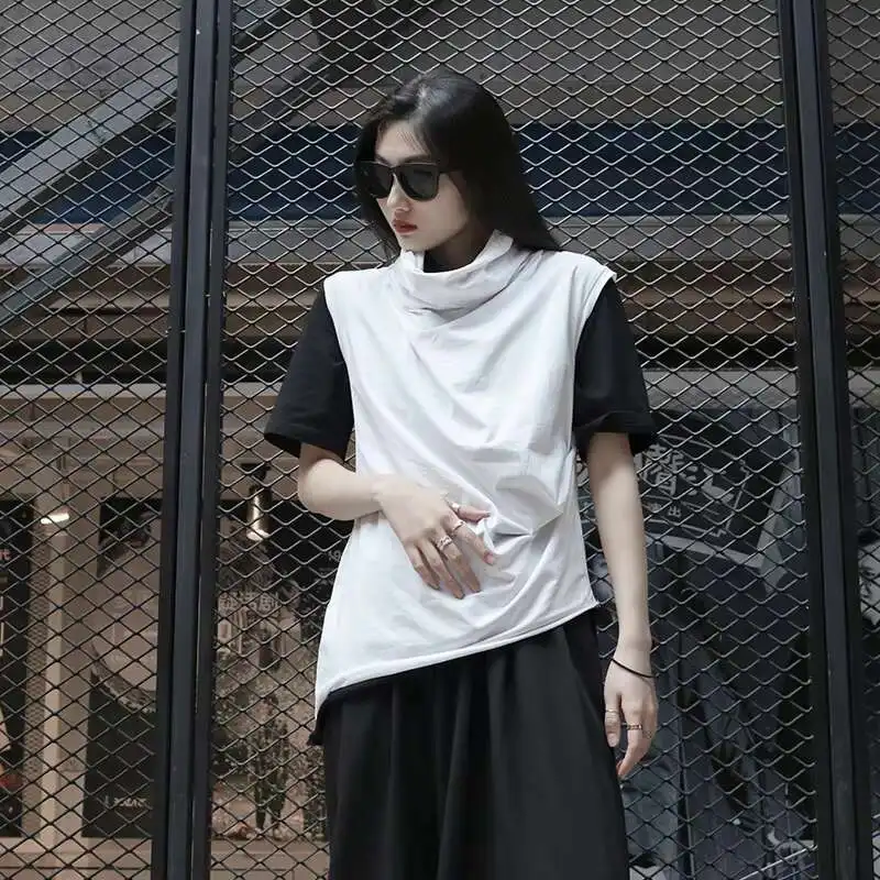 

Women's Short Sleeve T-Shirt Summer New High Collar Sleeveless Irregular Hem Large Size Vest
