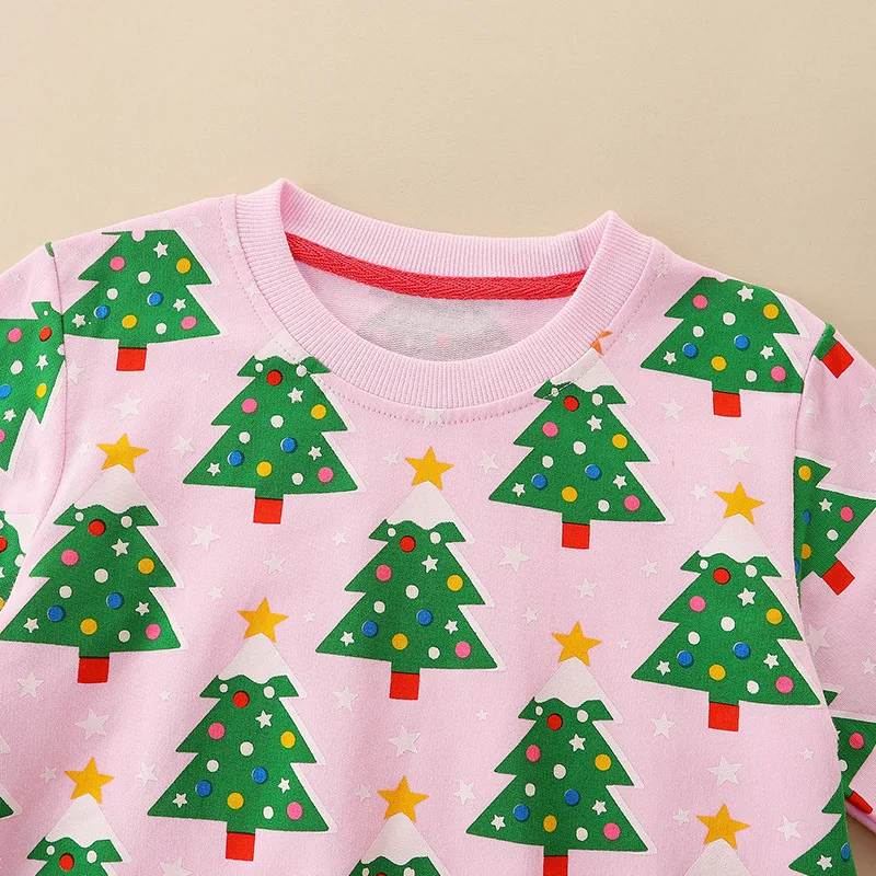 Girls Pullover Tops 100% Cotton Christmas Tree All‑Over Print Hoodies Sweatshirts Toddler Kids Crew Neck Long Sleeve Clothes