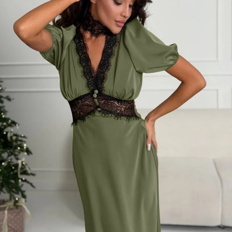 Elegantes Satin-Maxikleid für Damen mit V-Ausschnitt, Puffärmeln, Spitzenausschnitt an der Taille, Meerjungfrauenschnitt, Langes Abendkleid für Hochzeit und Party, Vintage-Stil, Figurbetontes Kleid – Detail 21