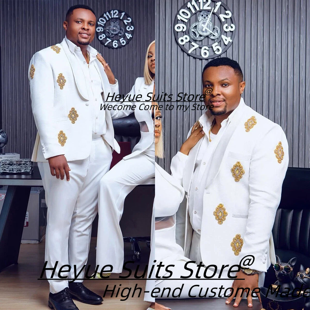 Luxuly White Men Suits Customized Shiny Bead embroidery Groom Wedding Tuxedos 2Pieces Sets Male Prom Blazers Elegant Ropa Hombre