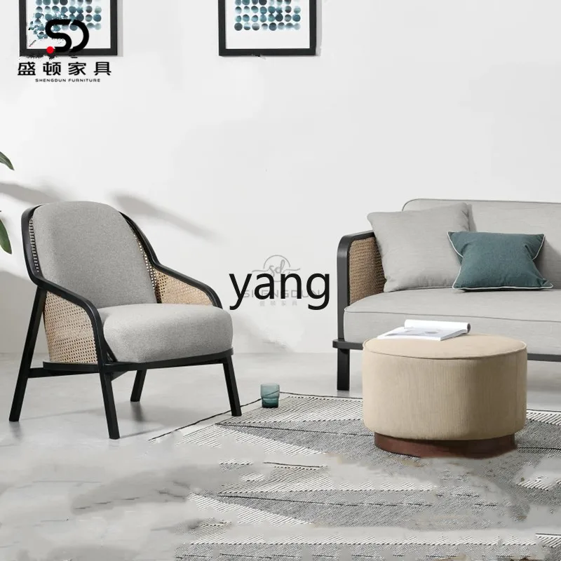 LH  New Chinese-style rattan solid wood fabric single chair B & B cafe leisure chair