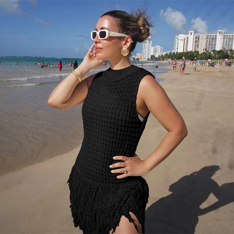 Vestido corto de punto calado para mujer, minivestido elegante de ganchillo con borlas y cuello redondo, sin mangas, de retazos, para fiesta de verano, 2024