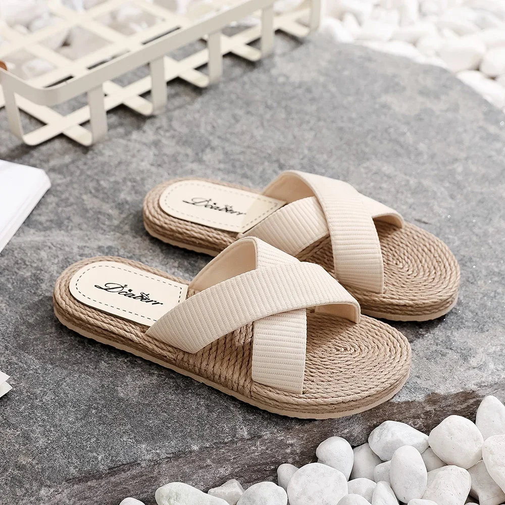 Fashion Beach Faux Cane Slippers Women Flat Heel Outdoor Summer Slides Canvas Sewing Cross Strap Ladies Shoes Female Sandals