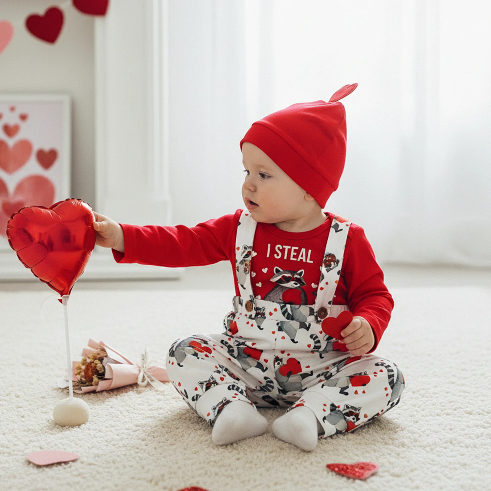 3pcs Set Baby Boy's Valentines Clothing Sets Fashionable Heart Printed Long Sleeve Romper with Pants Hat Boys Outfits