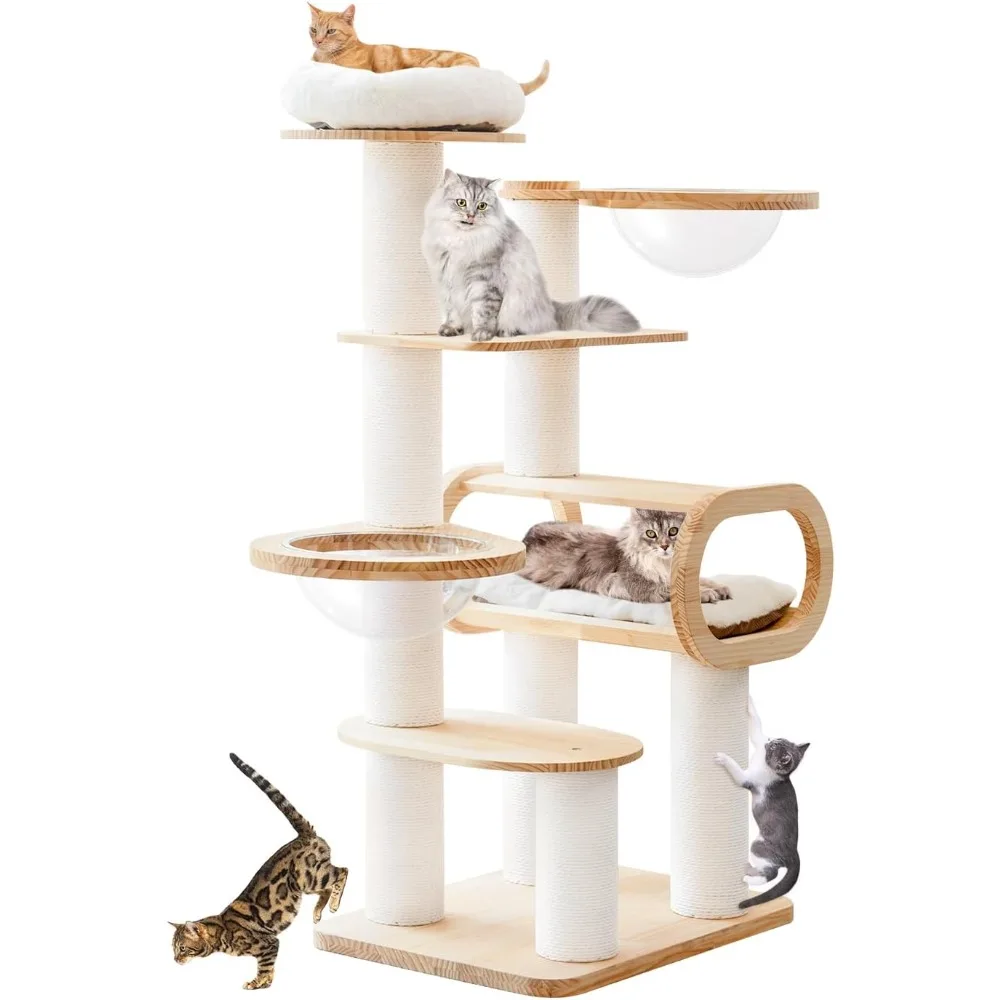 63 inch luxury cat tree, natural pine cat tower, indoor apartment, huge modern cat tree with washable mats