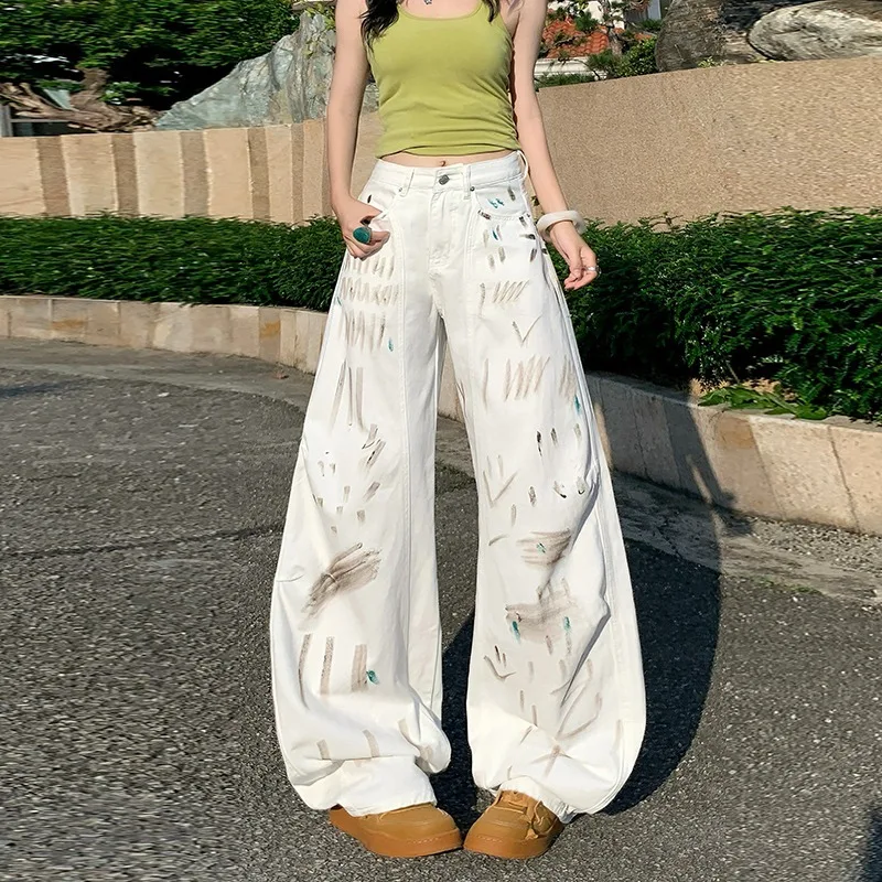 

2025 Ropa Y2K, модные белые мешковатые новые джинсы с граффити, брюки для женщин, одежда, прямые хлопковые корейские повседневные женские длинные брюки