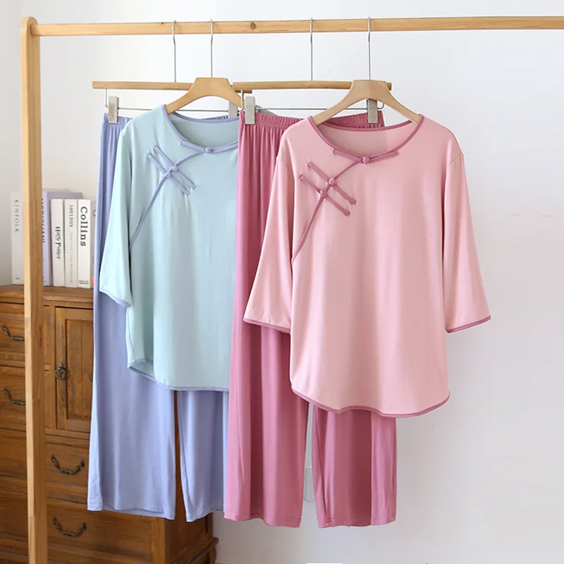 Women's Oriental Modal Pajama Set with Built-in Bra 3/4 Sleeve Capri Pants Soft Thin Loungewear for Spring Summer