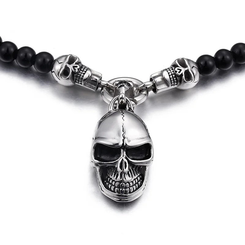 Punk Retro Skeleton Skull Necklaces & Pendant Hiphop Rock Stainless Steel Black Bead Cross Necklace Jewelry For Men Women