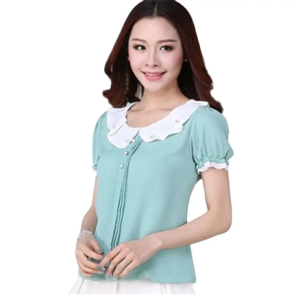 Woman Summer Chiffon Blouse Casual Solid Short Lantern Sleeve Peter Pan CollarFemale Splice Hedging Loose Shirts