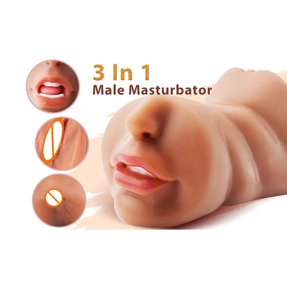 3in1 realistic mouth vagina anal plug male masturbator cup deep throat silicone dildo moves masturbation pleasure toys for men