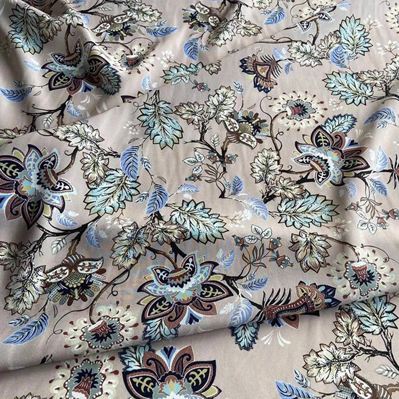 114CM Wide 16mm Abstract Floal Printed Thin Grey Silk Crepe de Chine Fabric for DIY Sewing Summer Pants Dress Pajamas C001-67