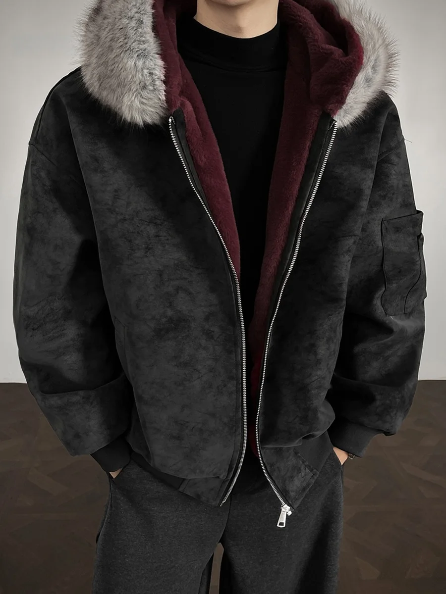 

Detachable Fur Collar Hooded Thiened Fce Men's Cotton Jaet Winter Warm Casual Sle Zipper Closure Stand Fit Coat
