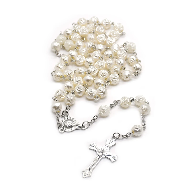 White Plastic Rose Beads Rosary Necklace Long Christ Cross Pendant Religious Jewelry