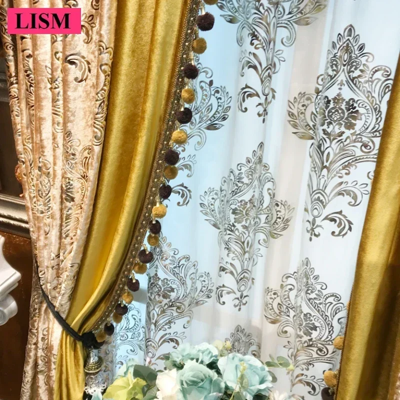 European Flannel Curtains For Living Room Bedroom Blackout Double Layer Color Matching Decor Custom Valance Embroidery Tulle