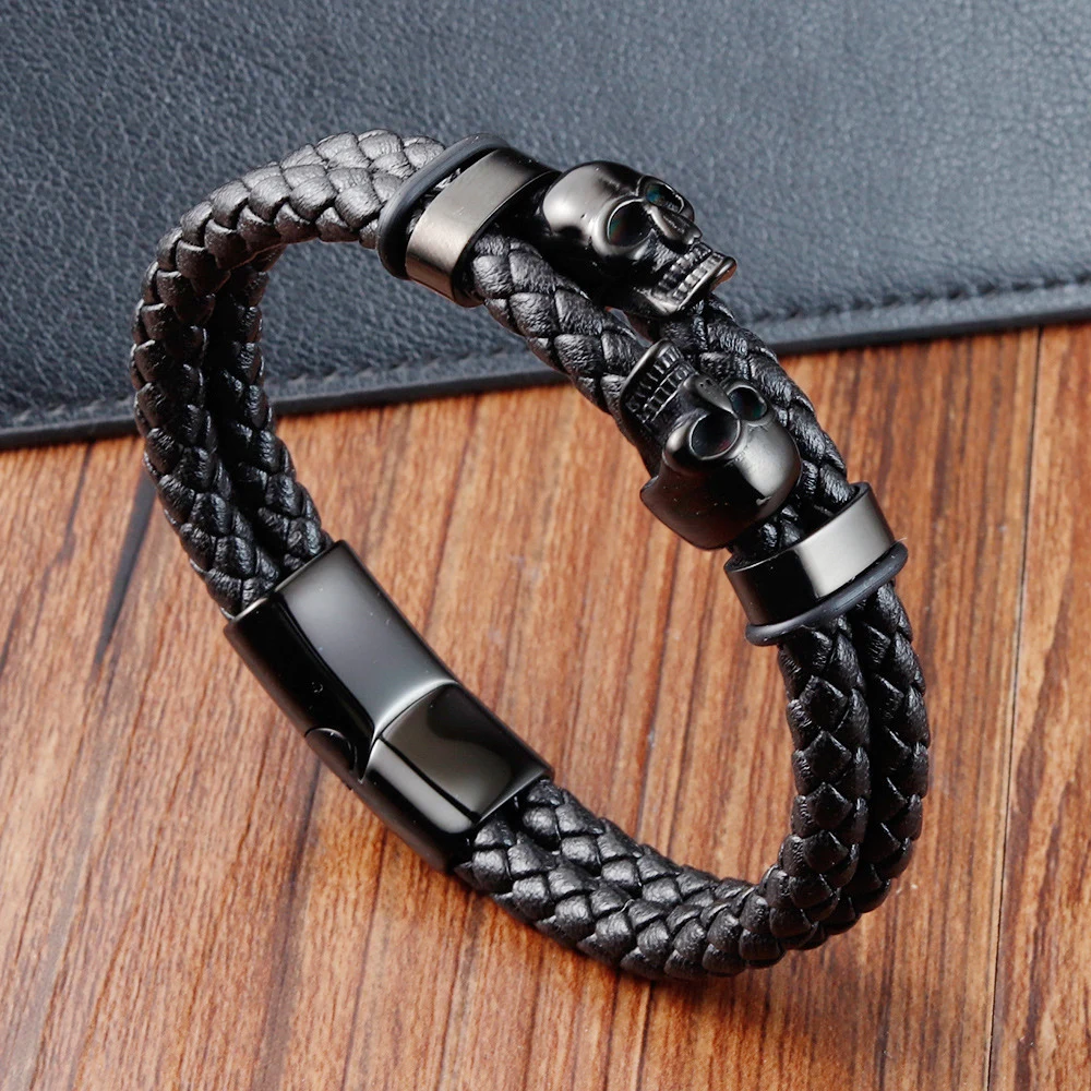 Stainless Steel Jewelry 2024 Men Genuine Leather Bracelet Golden Skull Hippie Gifts For Boyfriend Venezuela