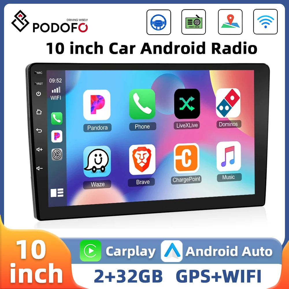 Podofo Carplay Android Auto Car Radio 2Din 10.1'' Multimedia Player 2+32G HiFi WIFI GPS Navigation Mirror Link BT FM Car Radio